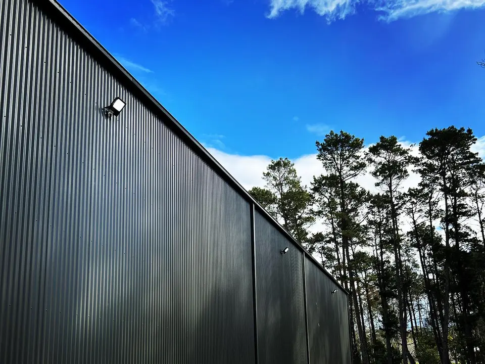 Commercial building exterior with security lighting