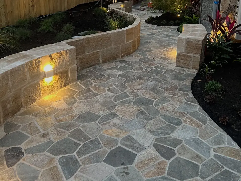 Garden path with step lights at dusk
